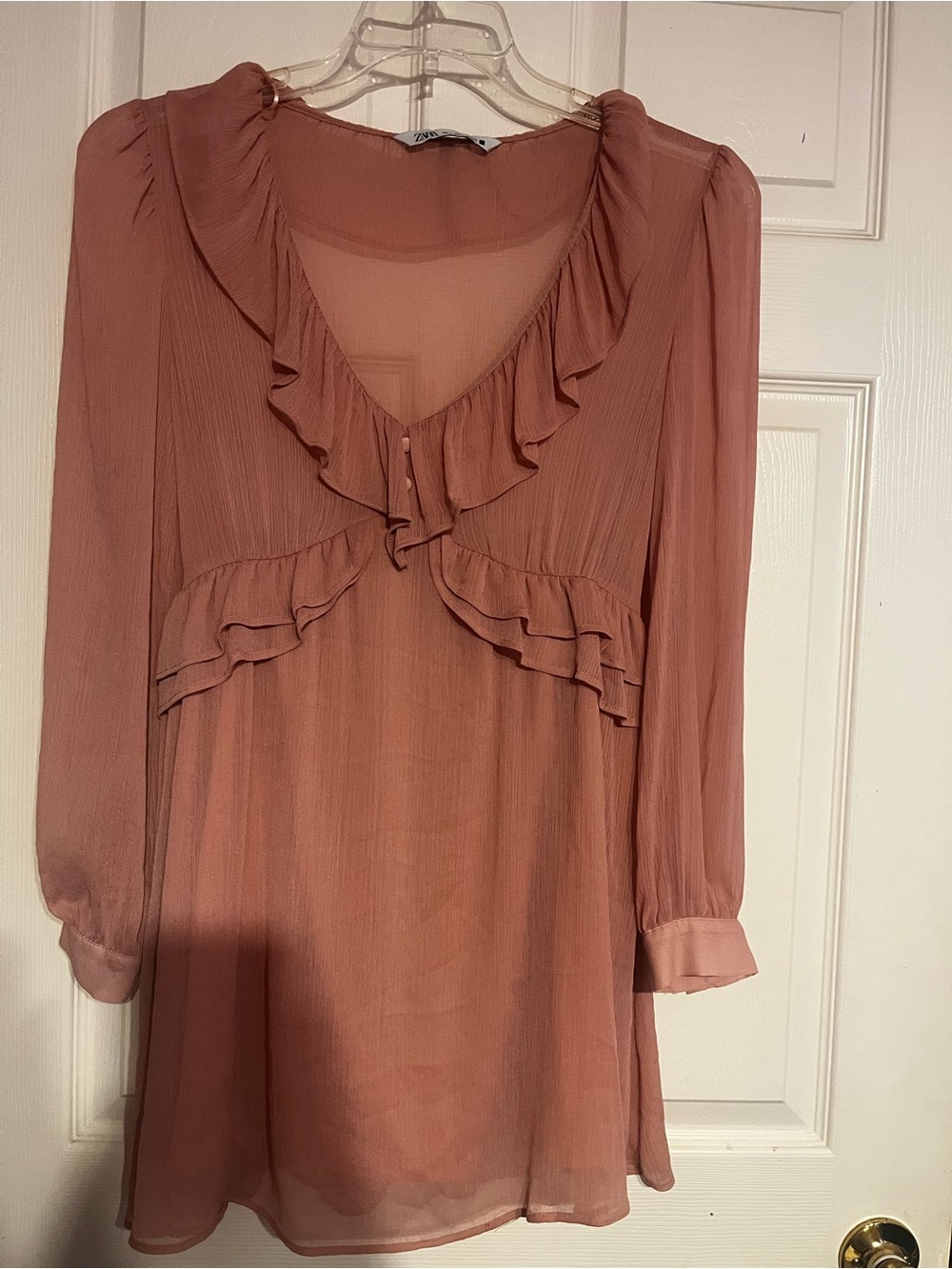 Zara Long Sleeve Ruffle V‑Neck Dress - Dusty Rose